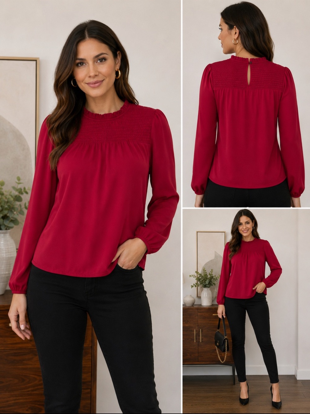 Smocked Yoke Long-Sleeve Blouse - Red